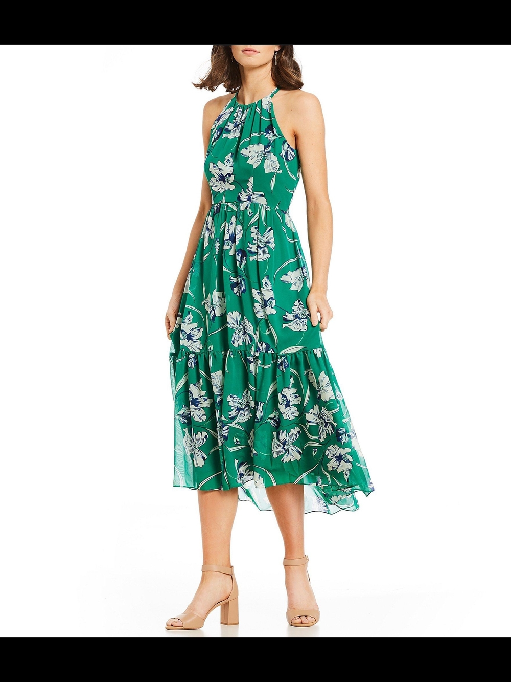 Jessica Howard Green Floral Halter Midi Dress with White & Navy Accents GUC 16w
